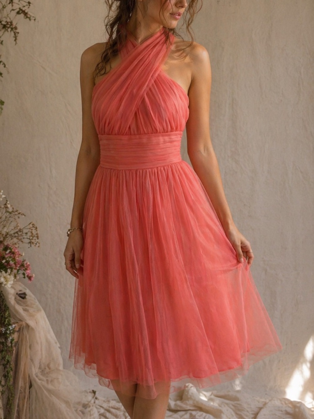 Christina Wu Coral Tulle Halter Midi Dress Size 0 Coquette Fairycore Romantic
